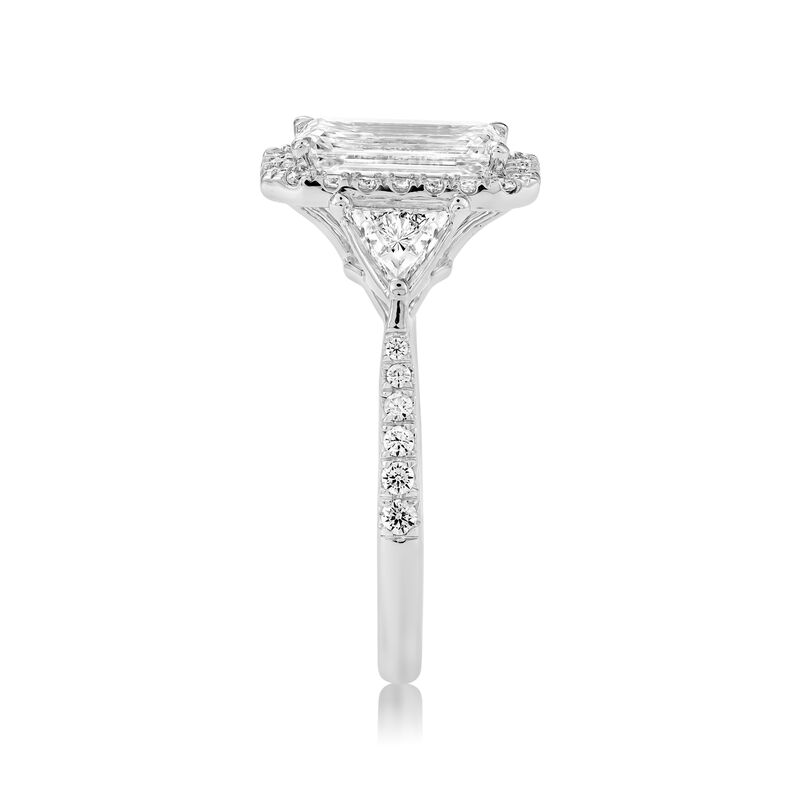 Elongated Emerald Lab Grown Diamond 2 2/5ctw. Halo Three Stone Plus Engagement Ring in 14k White Gold image number null