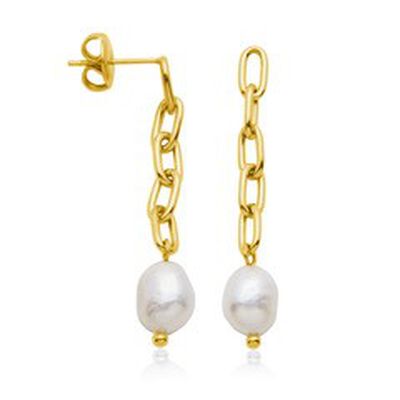 Freshwater Pearl Chain Link Drop Earrings in Yellow Gold Plated Stainless Steel