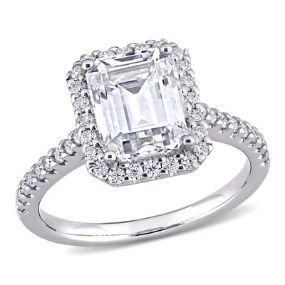 Emerald-Cut Moissanite Halo Engagement Ring in 10k White Gold