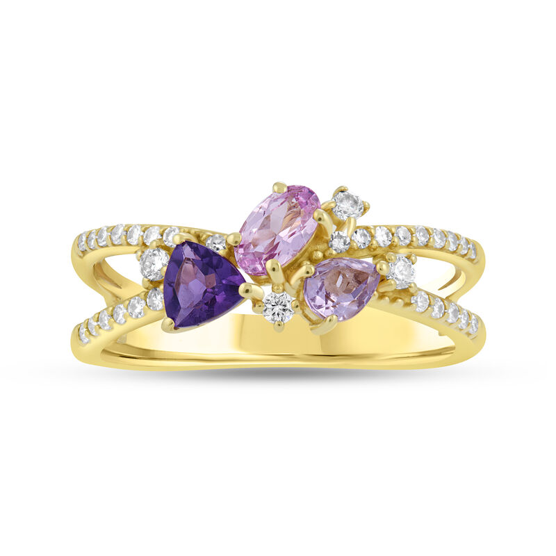 Oval Created Pink Sapphire, Amethyst & Lab Diamond Scatter Band Ring in 10k Yellow Gold image number null