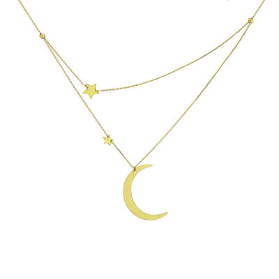 Ladies Half Moon & Stars Double Layer Adjustable Necklace in 14k Yellow Gold