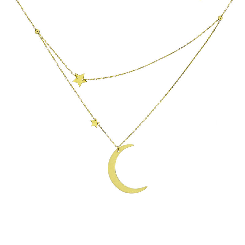 Ladies Half Moon & Stars Double Layer Adjustable Necklace in 14k Yellow Gold image number null