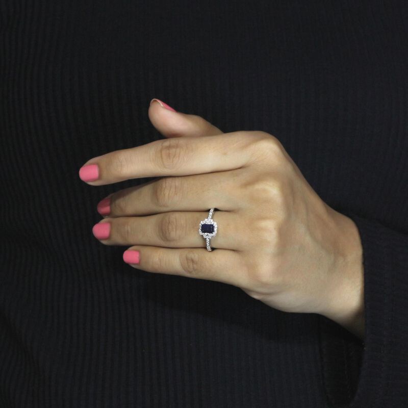 Emerald-Cut Sapphire & Diamond Halo Ring in 10k White Gold image number null
