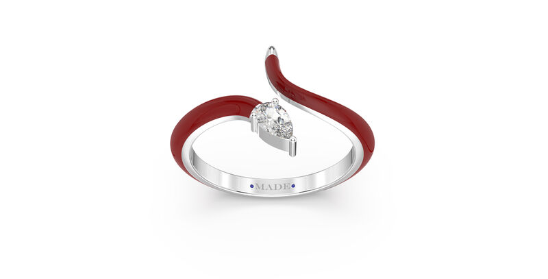 Pear-Shaped Lab Grown Diamond Red Ceramic Open Style Ring in Sterling Silver image number null
