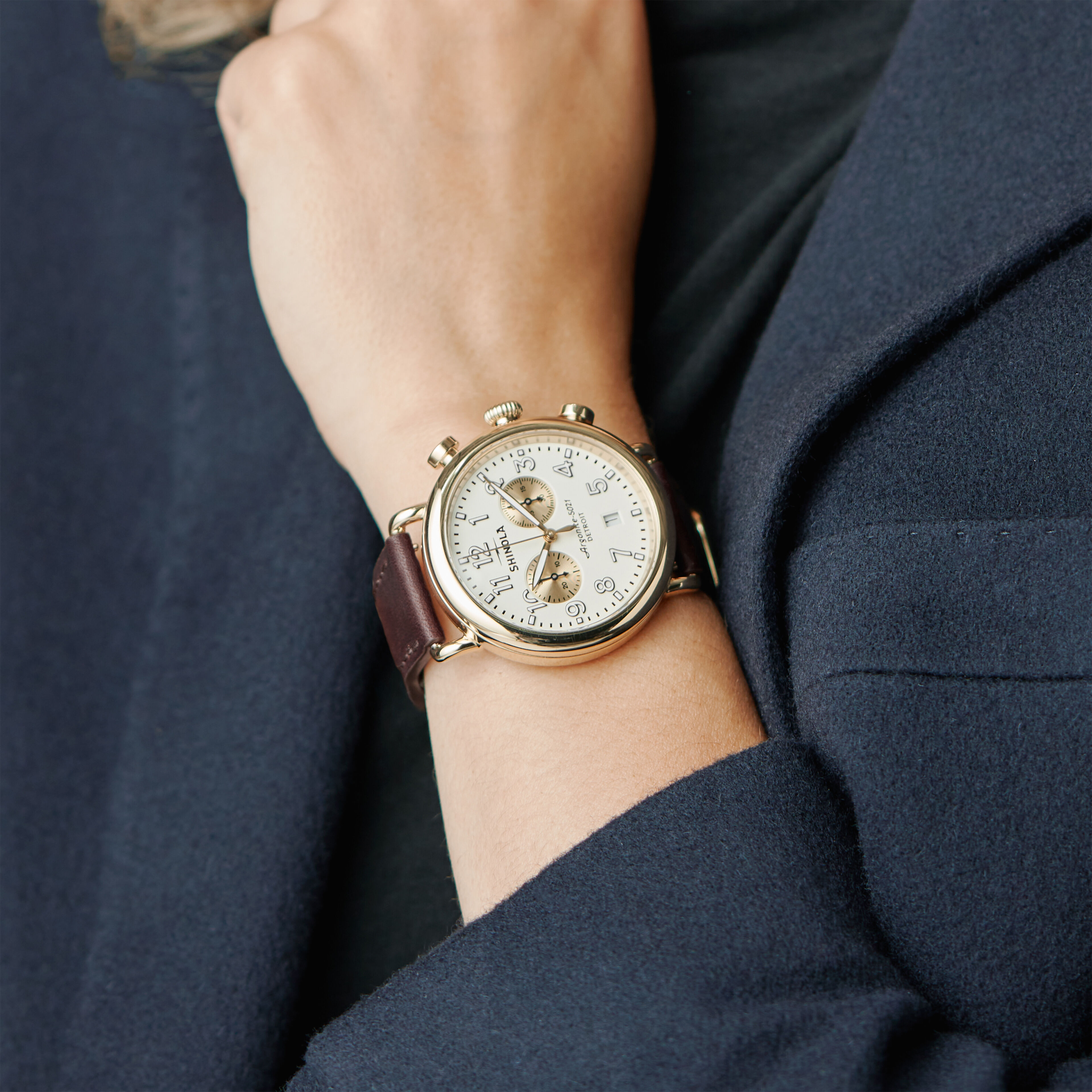 Shinola Men's Runwell Gold PVD Ivory Dial Brown Leather Strap 41mm