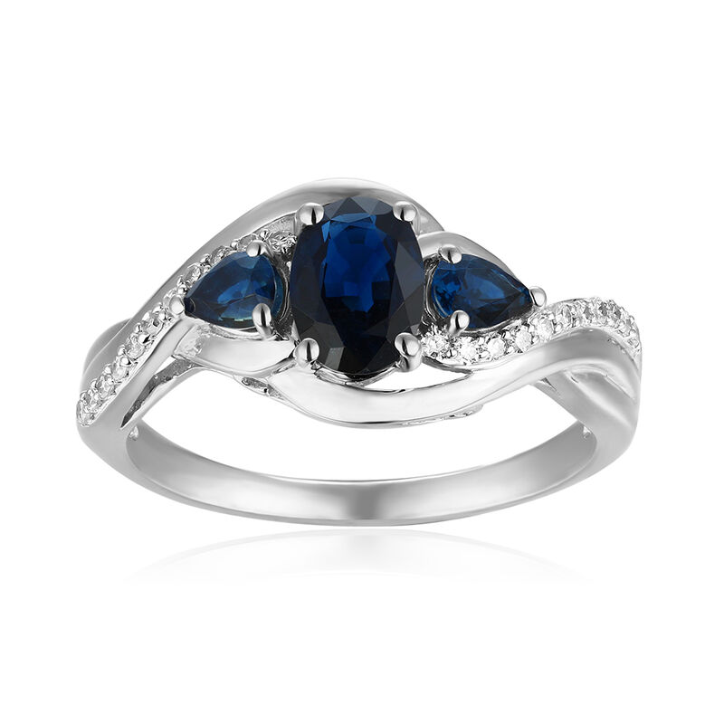 Oval Three-Stone Plus Blue Sapphire & Diamond Ring in 10k White Gold image number null