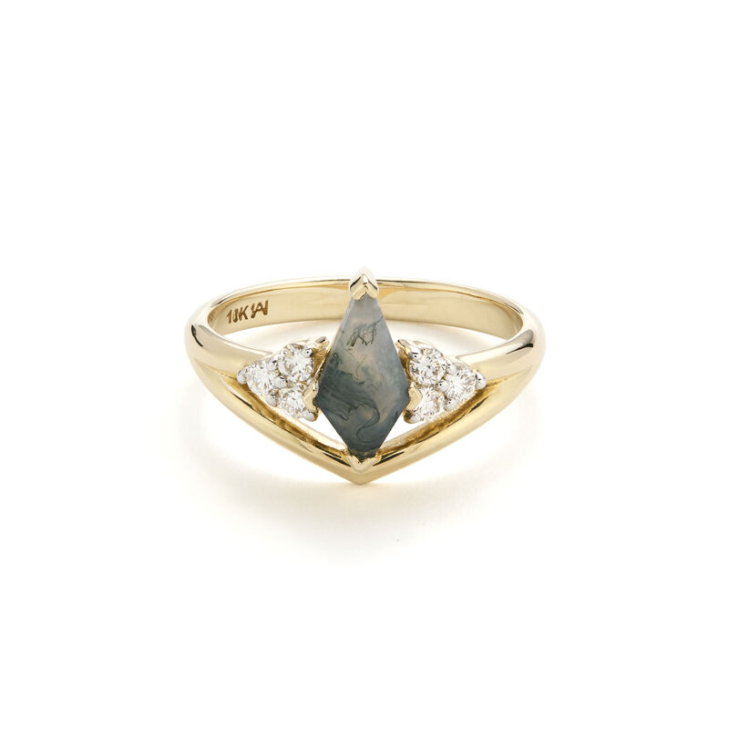 Kite-Shaped Moss Agate & Lab Grown Diamond Ring in 10k Yellow Gold image number null
