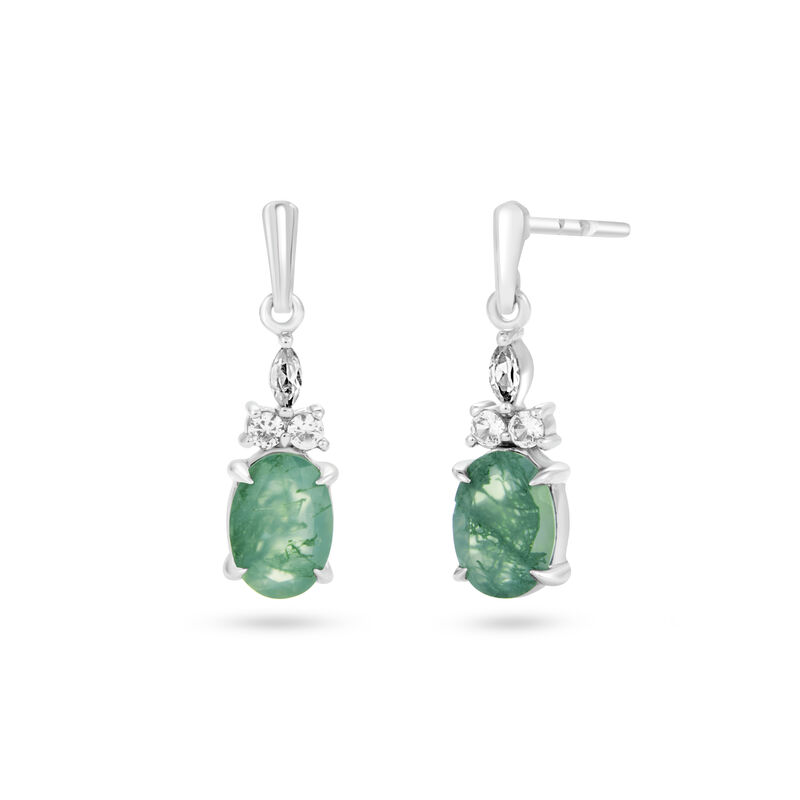 Moss Agate Oval White Sapphire Earrings in Sterling Silver image number null