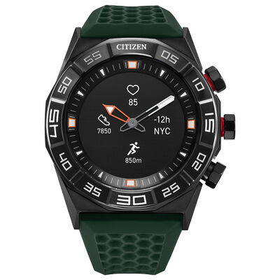 Citizen CZ Smart 44mm Black IP Stainless Steel Hybrid Heart Rate Smartwatch with Green Silicone Strap JX1005-00E