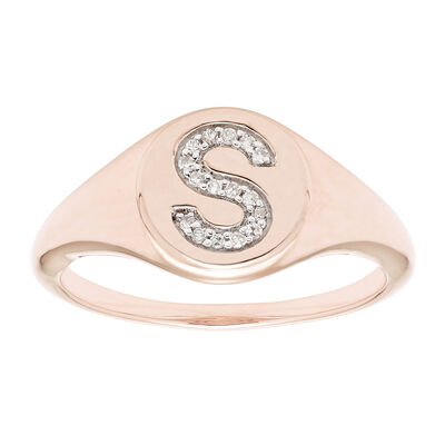 Diamond Initial S Signet Ring in 14k Rose Gold