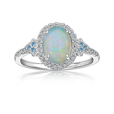 Oval Created Opal, Diamond & Blue Topaz Ring in 10k White Gold