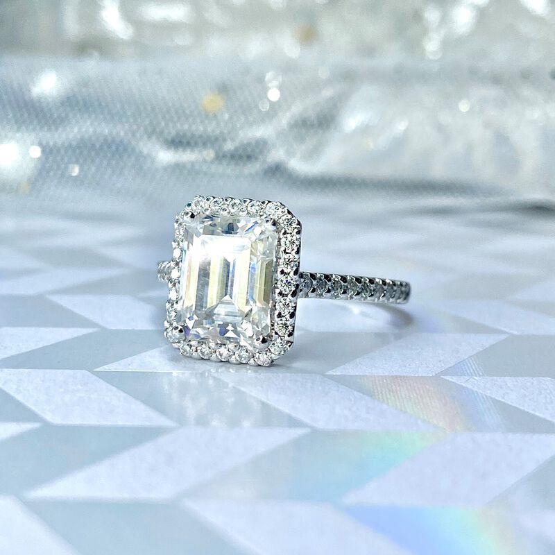 Emerald-Cut Moissanite Halo Engagement Ring in 10k White Gold image number null