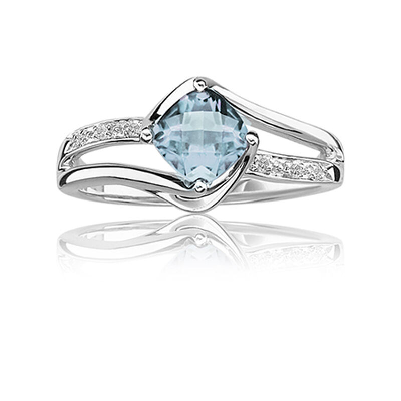 Cushion Cut Aquamarine &amp; Diamond Birthstone Ring in Sterling Silver image number null