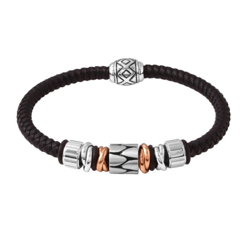 Men's Braided Leather Bracelet 8.5" in Sterling Silver image number null