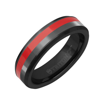 Triton 6mm Black Tungsten Band with Red Ceramic and Gray Tungsten Inlay
