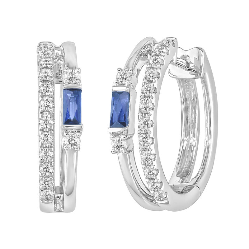 Baguette-Cut Sapphire & Diamond Hoop Earrings in 10k White Gold image number null
