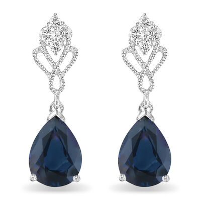 Pear Shape Created Sapphire & Diamond Dangle Earrings in 10k White Gold