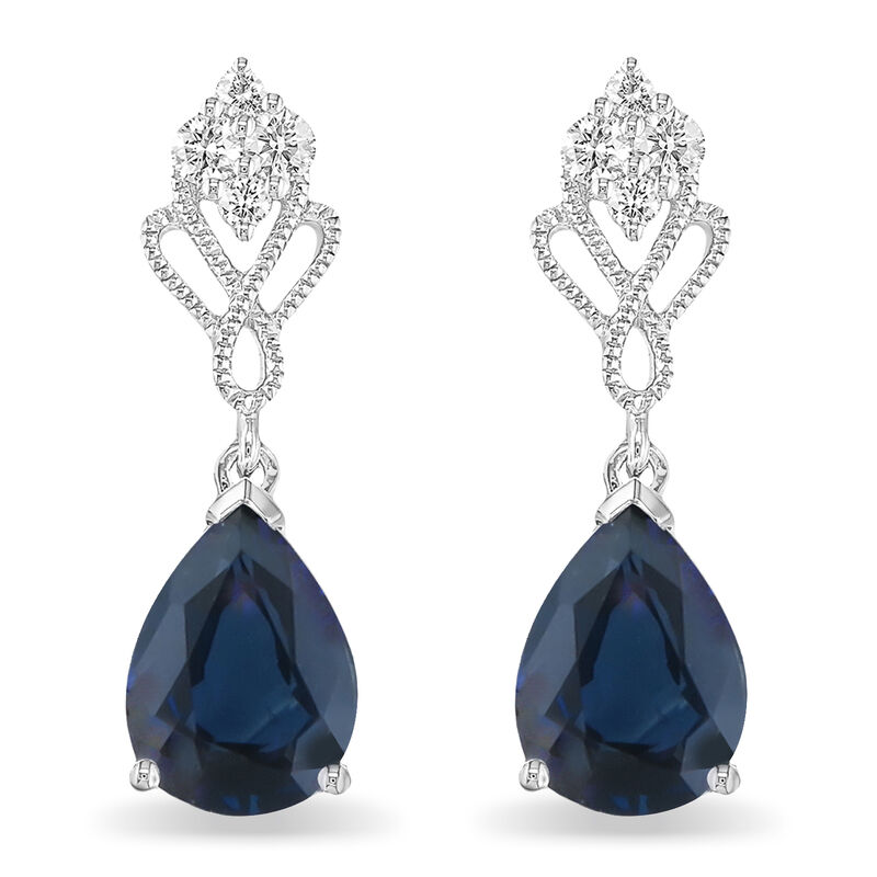 Pear Shape Created Sapphire & Diamond Dangle Earrings in 10k White Gold image number null