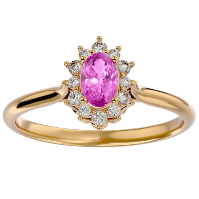 Oval-Cut Pink Sapphire & Diamond Halo Ring in 14k Yellow Gold
