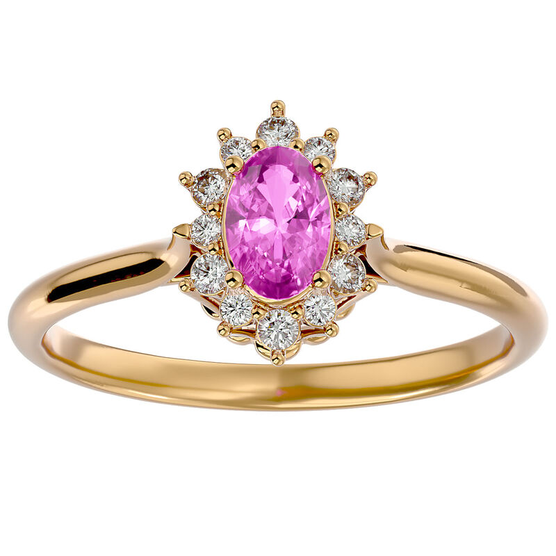 Oval-Cut Pink Sapphire & Diamond Halo Ring in 14k Yellow Gold image number null