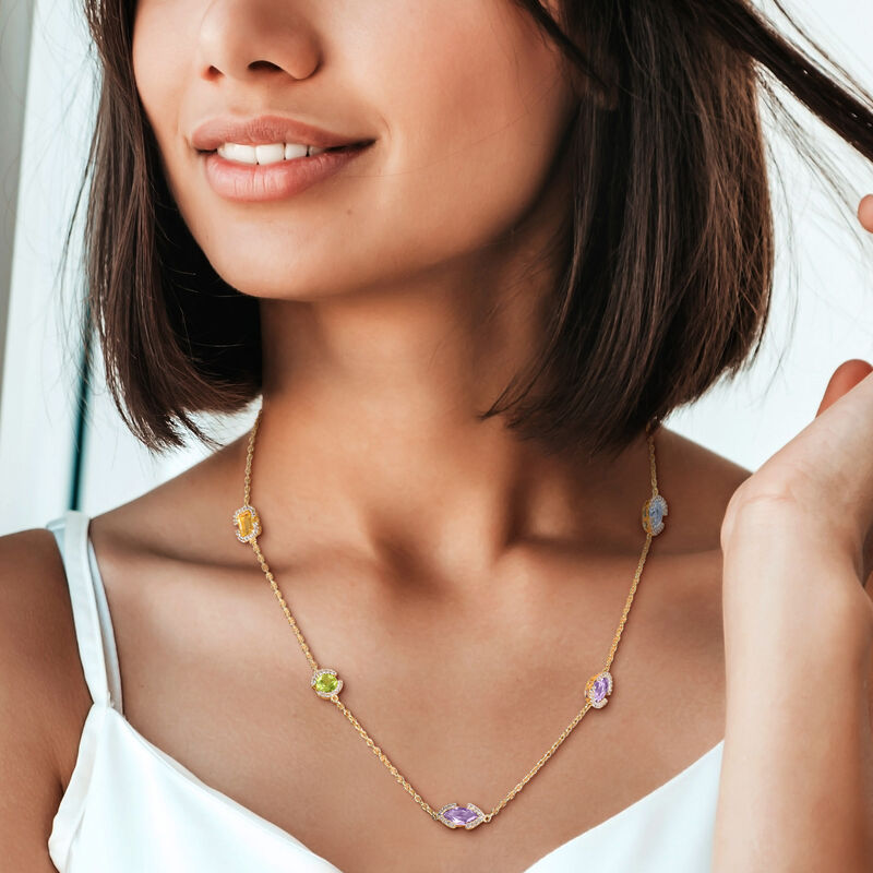 Multi Gemstone Station Necklace in Gold Plated image number null