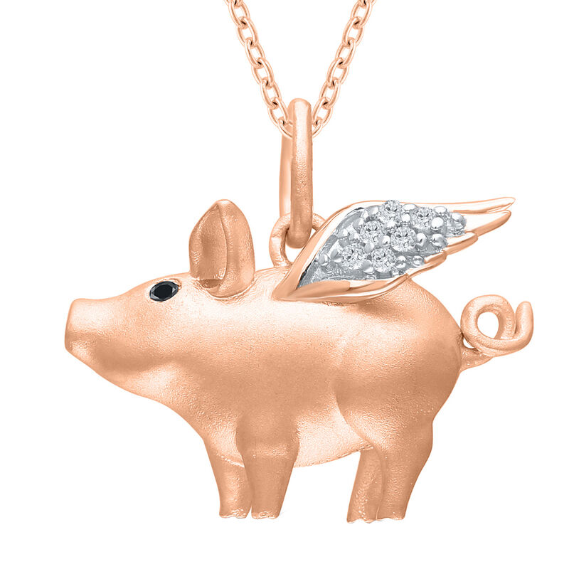 Brilliant-Cut .05ctw. Black & White Diamond When Pigs Fly Pendant in Rose Gold Plated Sterling Silver image number null
