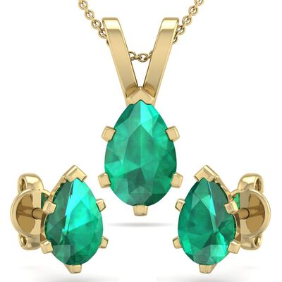 Pear Emerald Necklace & Earring Jewelry Set in 14k Yellow Gold Plated Sterling Silver