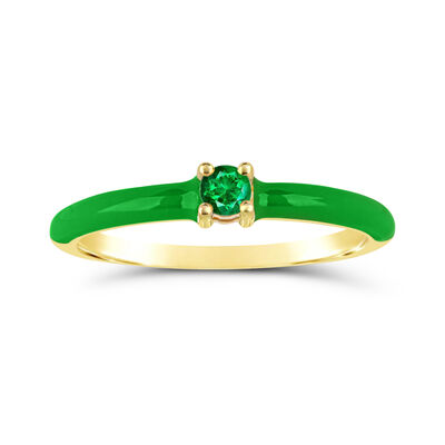 Brilliant-Cut Emerald Enamel Ring in 14k Yellow Gold Plated Sterling Silver