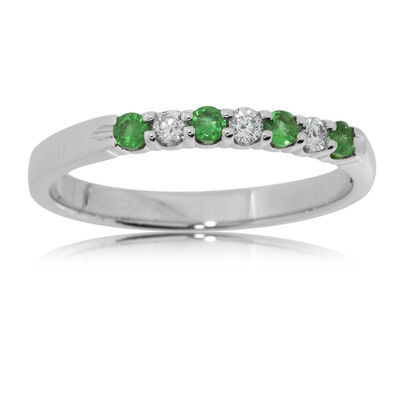 Diamond & Emerald Prong Set .15ctw. Band in 14k White Gold