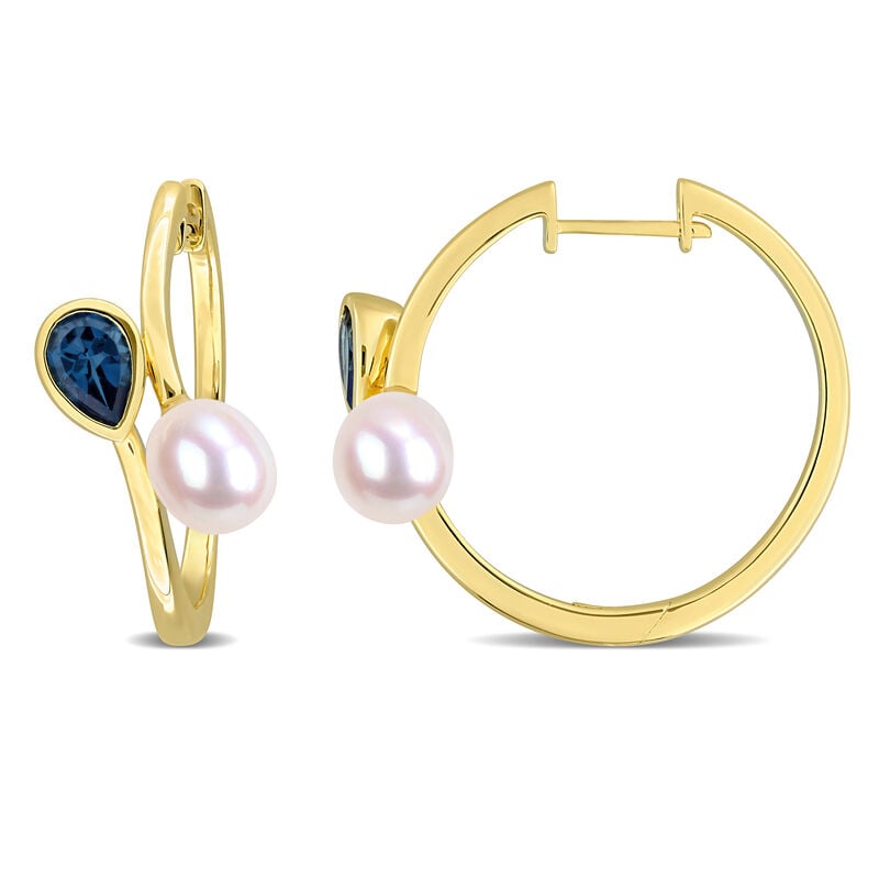 London Blue Topaz & Freshwater Cultured Pearl Hoop Earrings in Gold Plated Sterling Silver image number null