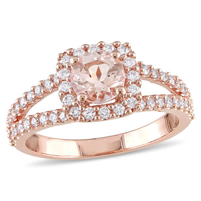 Round Morganite Diamond Halo Split Shank Engagement Ring in 14k Rose Gold