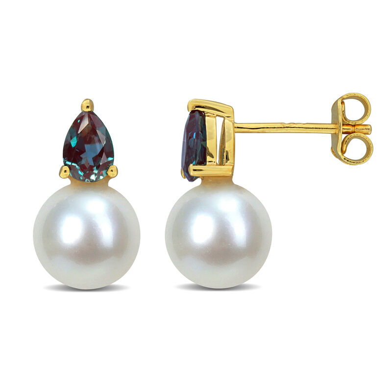 Created Alexandrite & Freshwater Cultured Pearl Stud Earrings in Gold Plated image number null