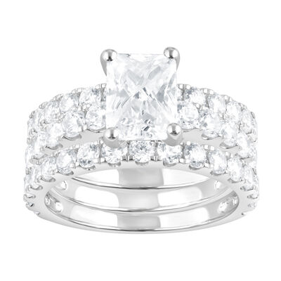 Emerald Lab Grown Diamond 5ctw. Three Ring Engagement Set in 14k White Gold