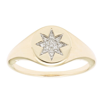 Diamond Starburst Signet Ring in 14k Yellow Gold