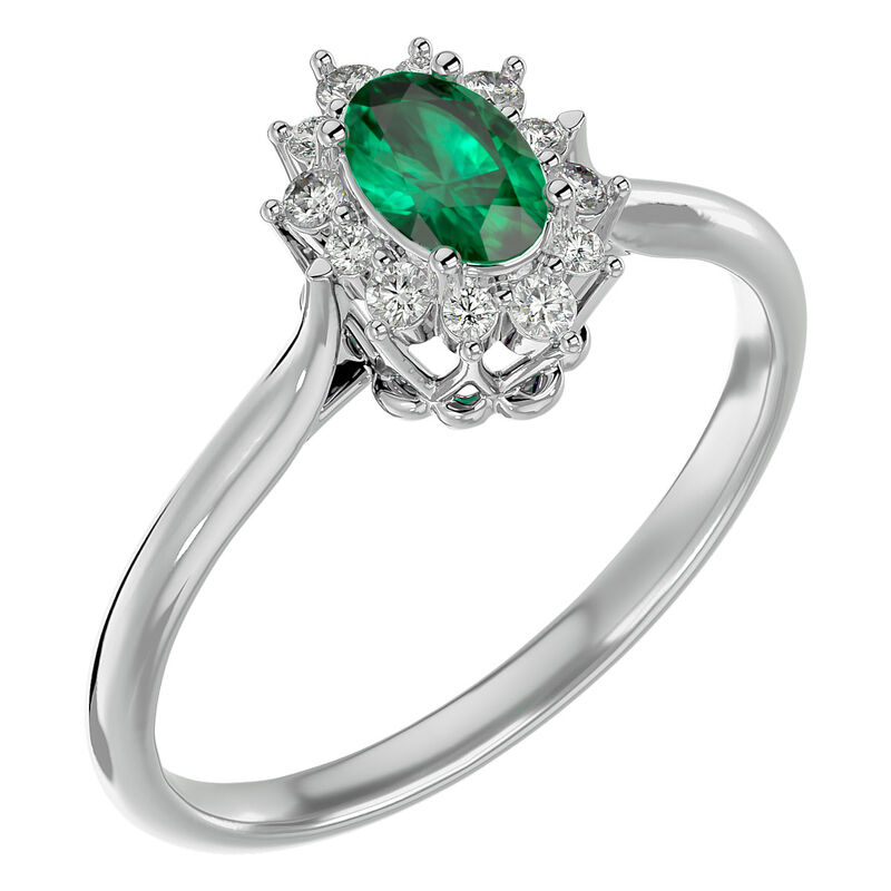 Oval-Cut Emerald & Diamond Halo Ring in 14k White Gold image number null
