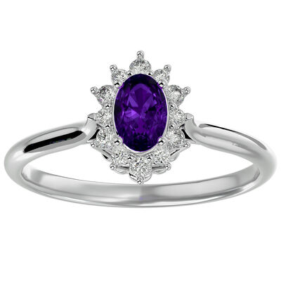 Oval-Cut Amethyst & Diamond Halo Ring in 14k White Gold