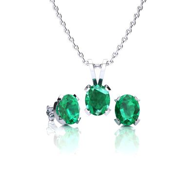 Oval-Cut Emerald Necklace & Earring Jewelry Set in Sterling Silver