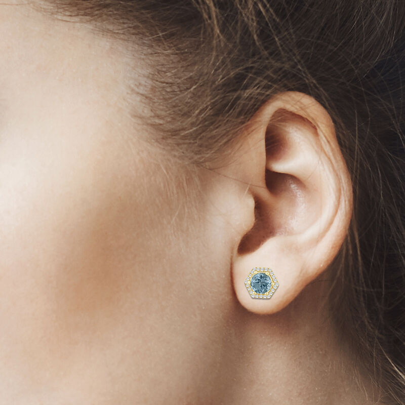 Round Blue Topaz & Diamond Hexagon Stud Earrings in 10k Yellow Gold image number null