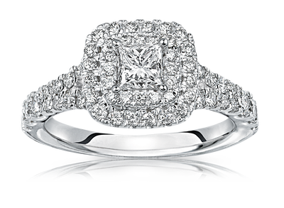 Delaney. Princess-Cut Double Diamond Halo Engagement Ring in 14k White Gold