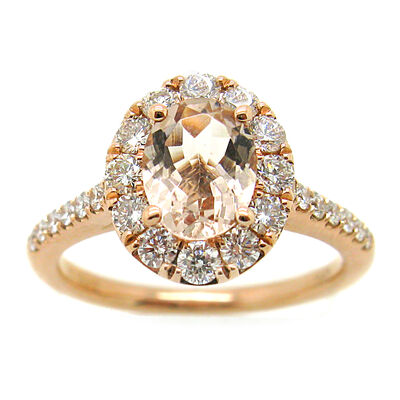 Oval Morganite & Diamond Halo Engagement Ring in 14k Rose Gold