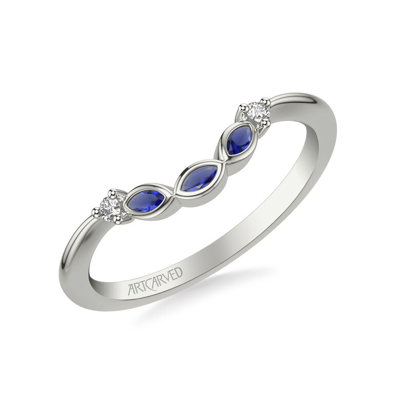 Sallie. Artcarved Marquise Sapphire & Diamond Floral Accent Wedding Band in 14k White Gold image number null
