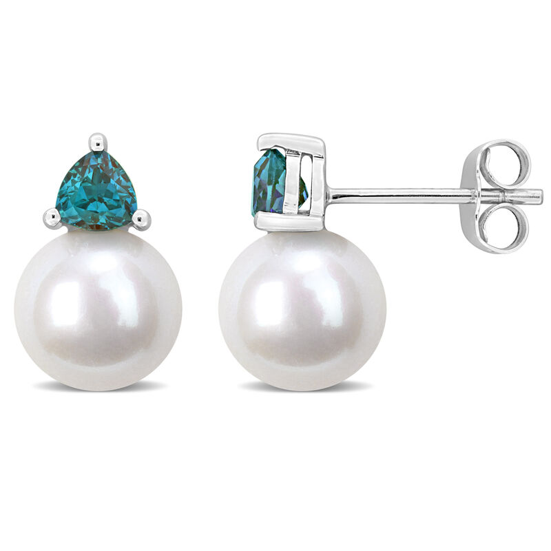 Created Alexandrite & Freshwater Cultured Pearl Stud Earrings in 10k White Gold image number null