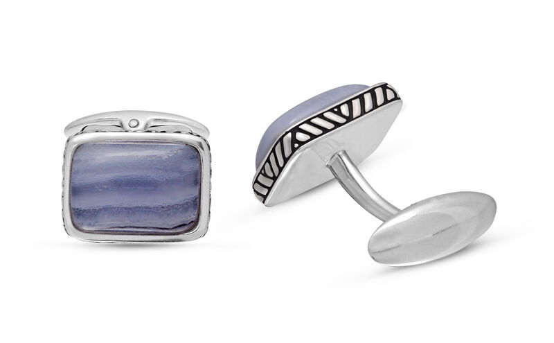 Blue Lace Agate Stone Cufflinks in Sterling Silver & Black Rhodium image number null