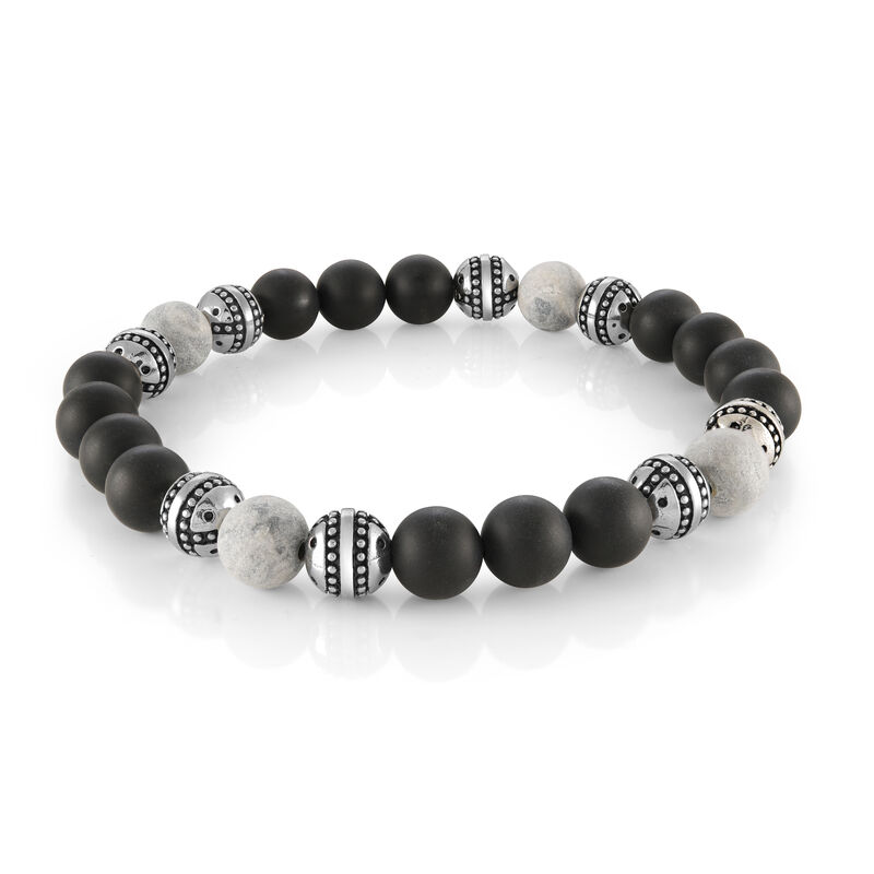Onyx and Grey Stone Beaded Stretch Bracelet in Black Sterling Silver image number null