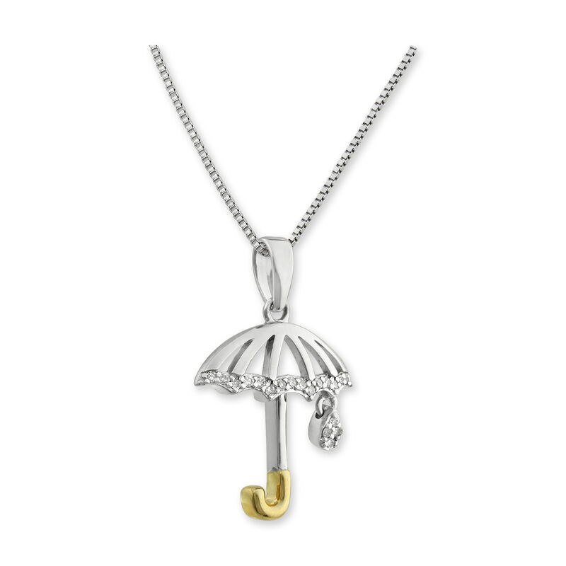 Diamond Umbrella & Raindrop Necklace in 10k White & Yellow Gold image number null