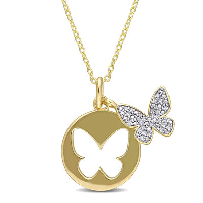 Diamond Double Butterfly Cut-Out Pendant in Gold Plated Sterling Silver