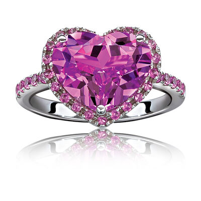 Pink Created Sapphire Halo Heart Ring in Sterling Silver