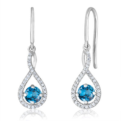 Blue Topaz Twist Dangle Infinity Diamond Earrings in Sterling Silver