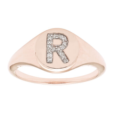 Diamond Initial R Signet Ring in 14k Rose Gold