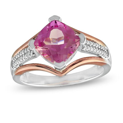 Cushion-Cut Created Pink Sapphire & Diamond Ring in Sterling Silver & 10k Rose Gold